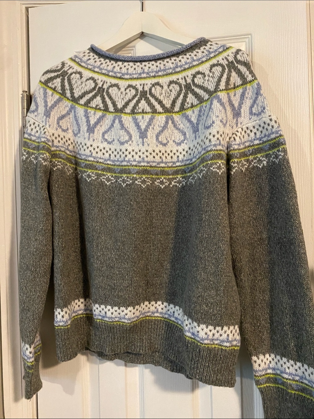 SHEIN Gray Fair Isle Crewneck Sweater with White, Light Blue & Lime Accents